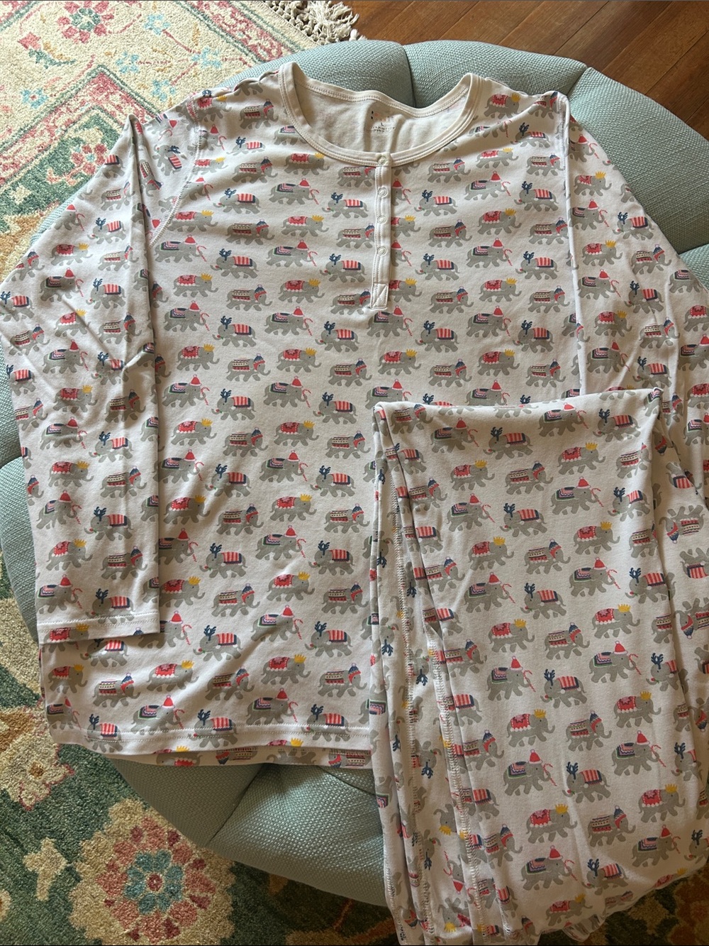 Roller Rabbit Elephant Print Long Sleeve Pajama Set - Cream with Pink & Gray